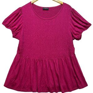 Lane Bryant Women's Smocked Top Short Sleeve Peplum Hem Sz 18/20 Fuchsia Stretch